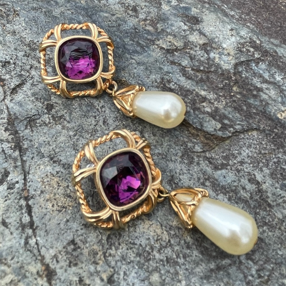 Vintage Swarovski Pearl Drop Large Purple Crystal Earrings - Picture 8 of 9